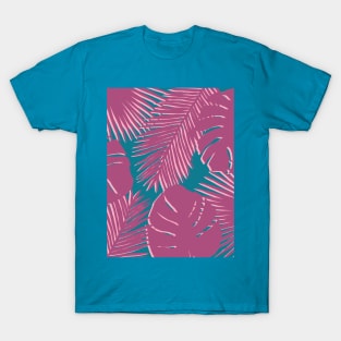 Tropical, Palm Leaves, Monstera Leaves in Magenta Pink and Teal T-Shirt